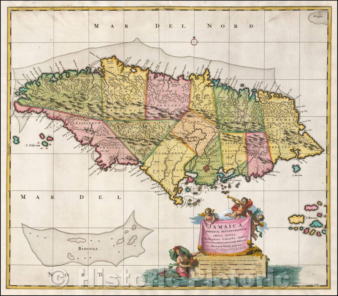 Historic Map - Jamaica Americae Septentrionalis Ampla Insula. a Christophoro Colombo detecta/Map of Jamaica, colored by 13 precincts, 1680 - Vintage Wall Art