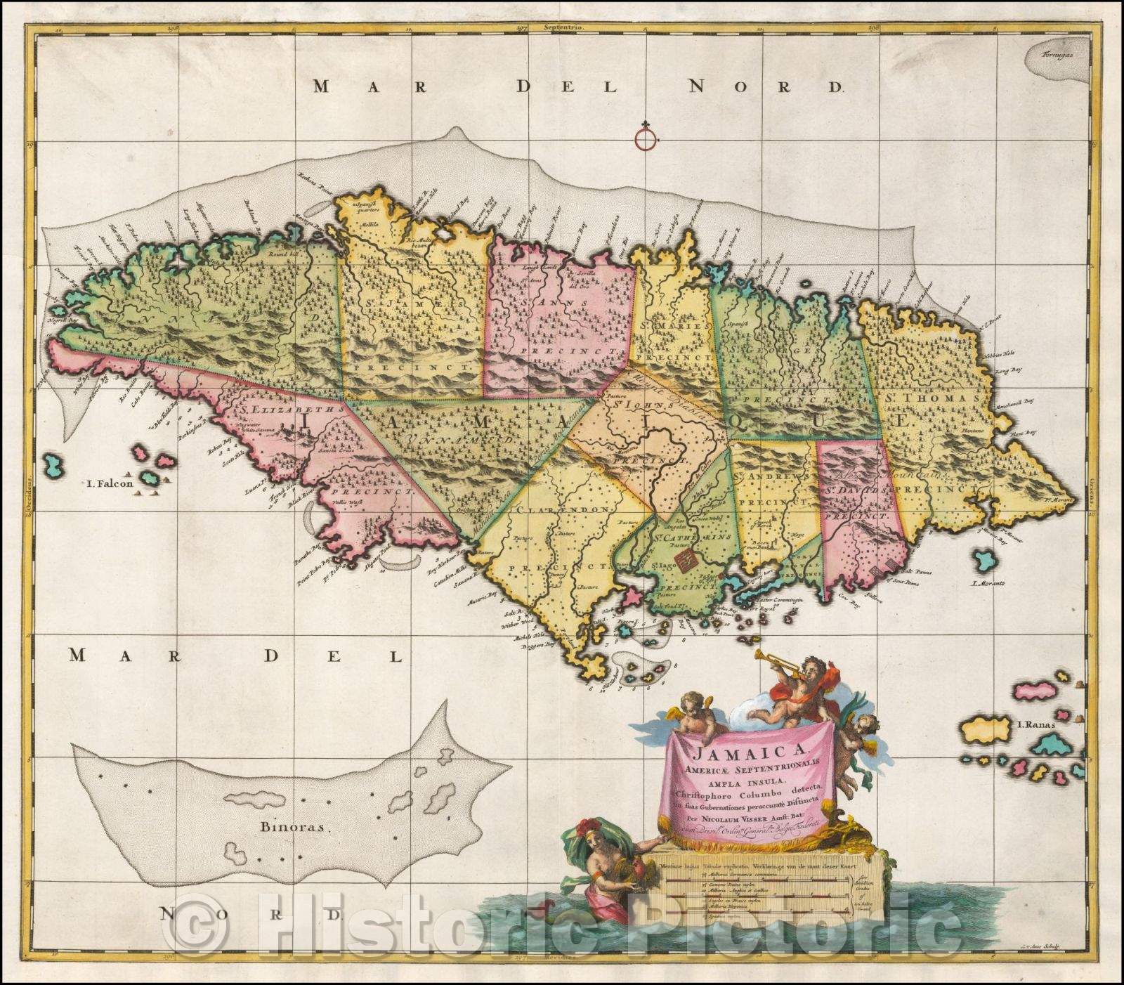 Historic Map - Jamaica Americae Septentrionalis Ampla Insula. a Christophoro Colombo detecta/Map of Jamaica, colored by 13 precincts, 1680 - Vintage Wall Art