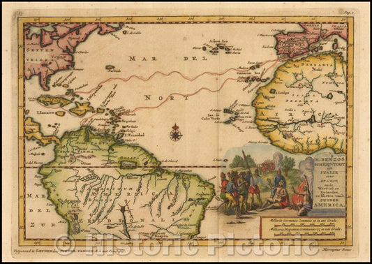 Historic Map - H Benzos Scheep-togt nit Italie over Sanje nade Westindize Eylanden en Kusten vant Zuider America :: Atlantic and contigous coastlines, 1706 - Vintage Wall Art
