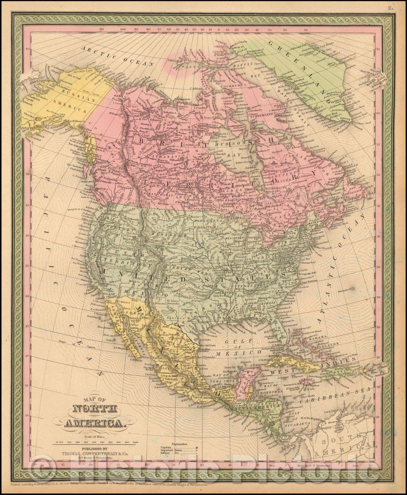 Historic Map - Map of North America, 1852, Thomas, Cowperthwait & Co. - Vintage Wall Art