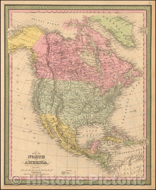 Historic Map - Map of North America, 1852, Thomas, Cowperthwait & Co. - Vintage Wall Art