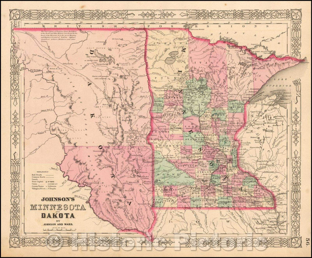Historic Map - Johnson's Minnesota and Dakota, 1863, Benjamin P Ward - Vintage Wall Art