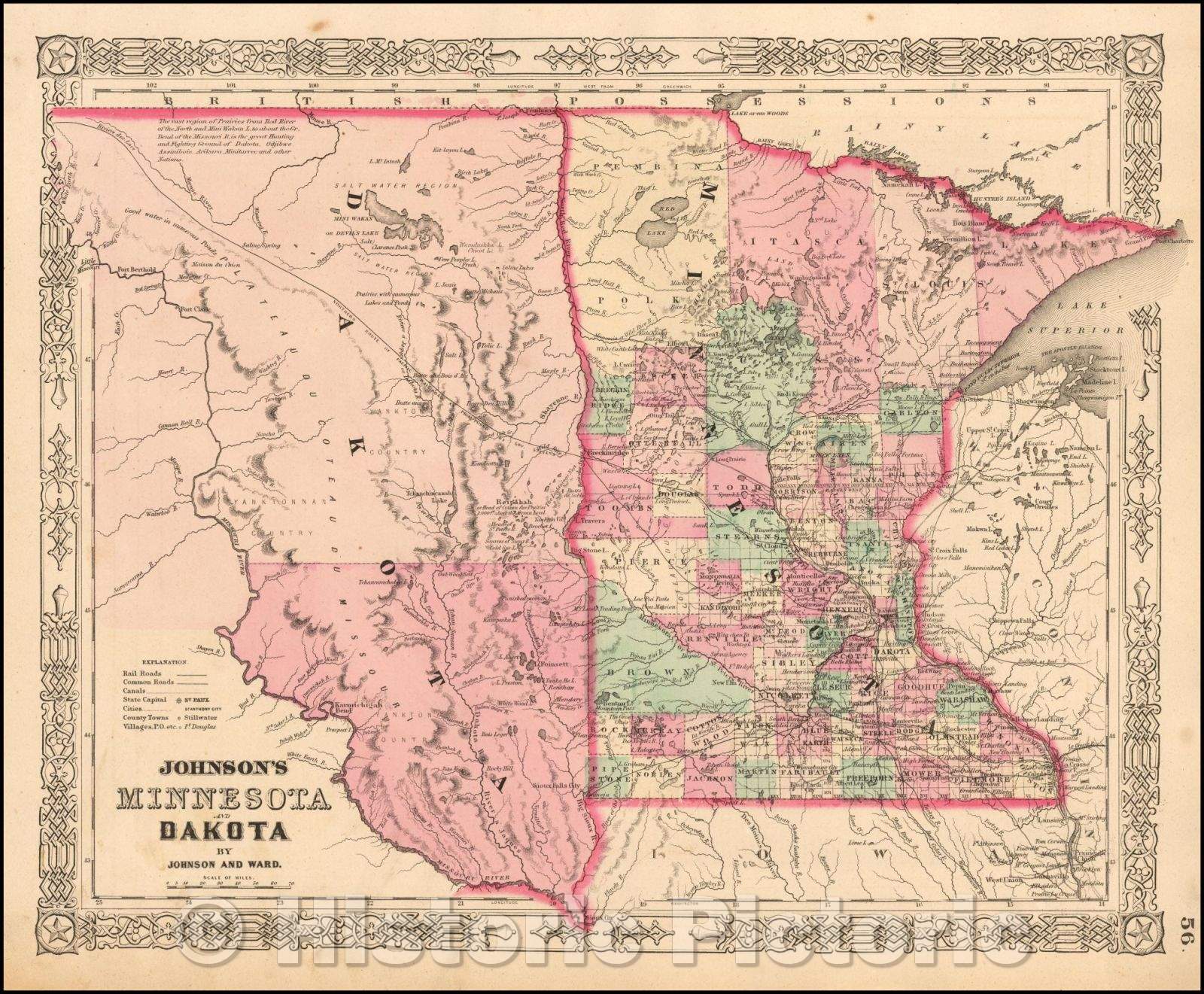 Historic Map - Johnson's Minnesota and Dakota, 1863, Benjamin P Ward - Vintage Wall Art