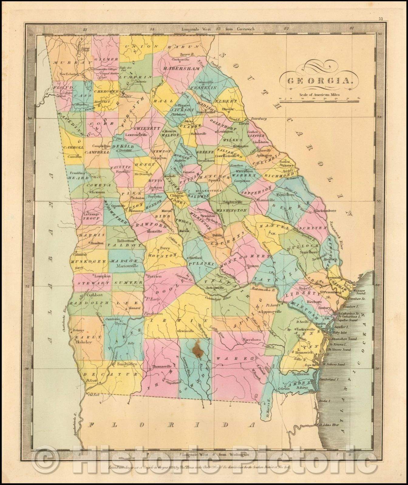 Historic Map - Georgia, 1836, David Hugh Burr - Vintage Wall Art