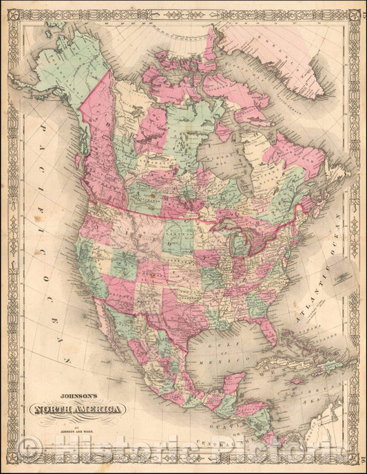 Historic Map - Johnson's North America, 1862, Benjamin P Ward - Vintage Wall Art