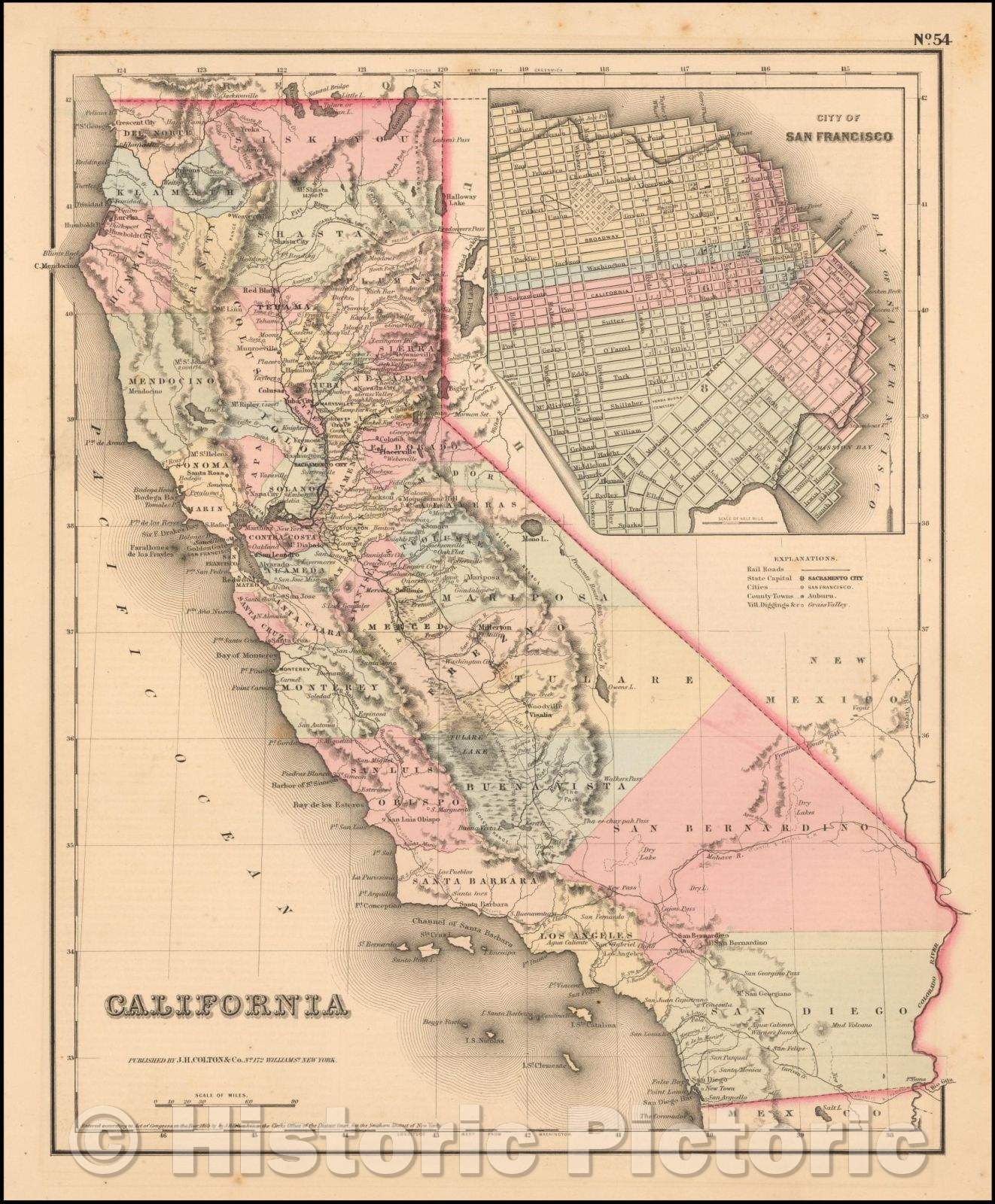 Historic Map - California (with San Francisco inset map), 1857, Joseph Hutchins Colton v2