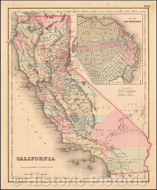 Historic Map - California (with San Francisco inset map), 1857, Joseph Hutchins Colton v2