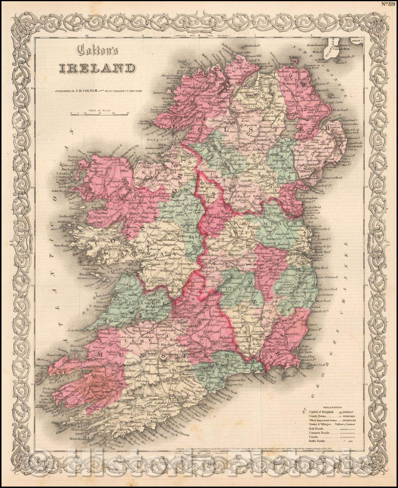 Historic Map - Colton's Ireland, 1865, Joseph Hutchins Colton - Vintage Wall Art