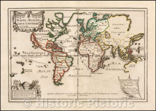Historic Map - Mappe-Monde Geo Spherique ou Nouvelle Carte Ideale Du Globe/Maps World Geo Spherique or New Card Ideal Du Globe, 1702, Nicolas de Fer - Vintage Wall Art