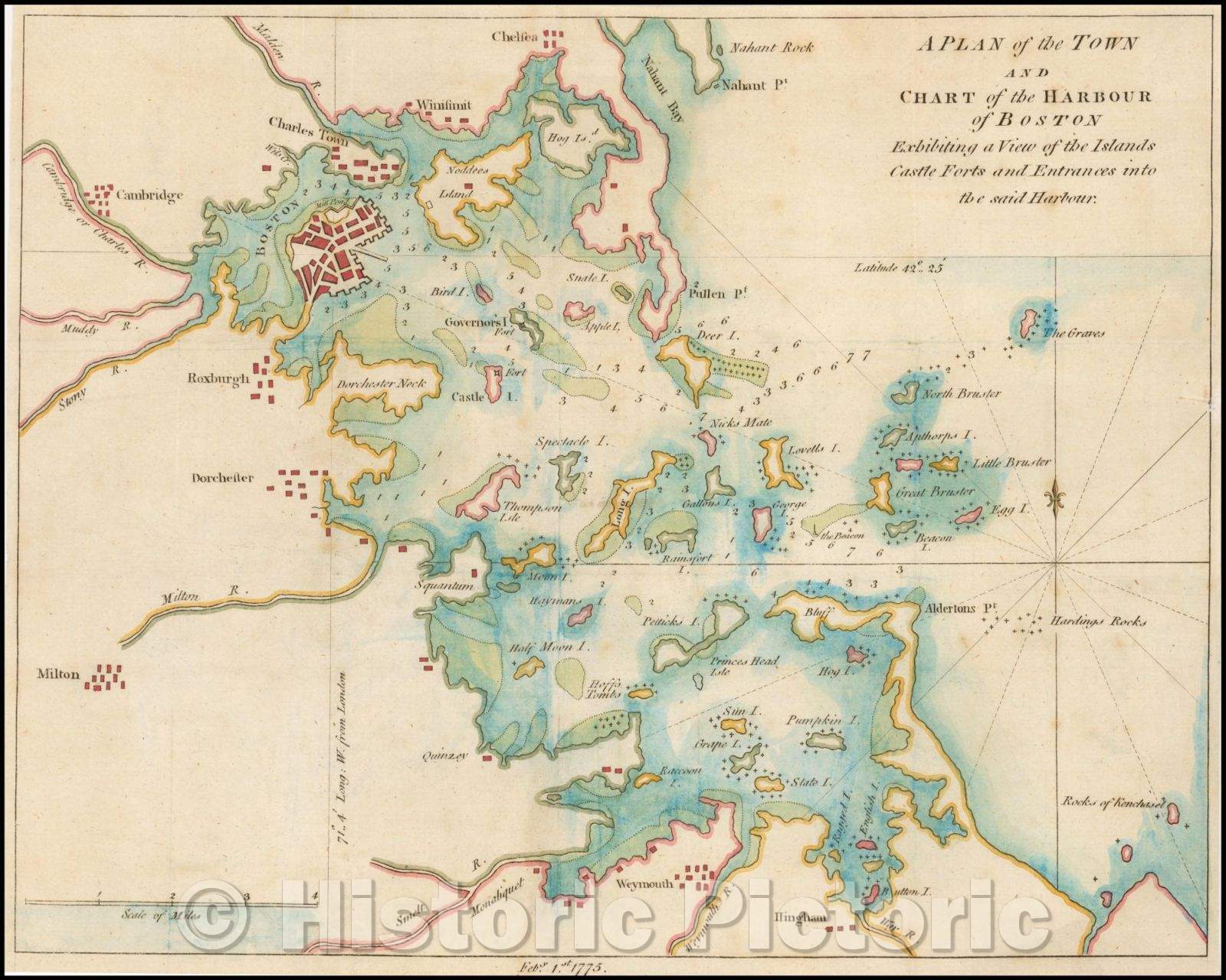 Historic Map - A Plan of the Town and Chart of the Harbour of Boston Exhibiting a View of the Islands Castle Forts and Entrances into said Harbour, 1775 - Vintage Wall Art