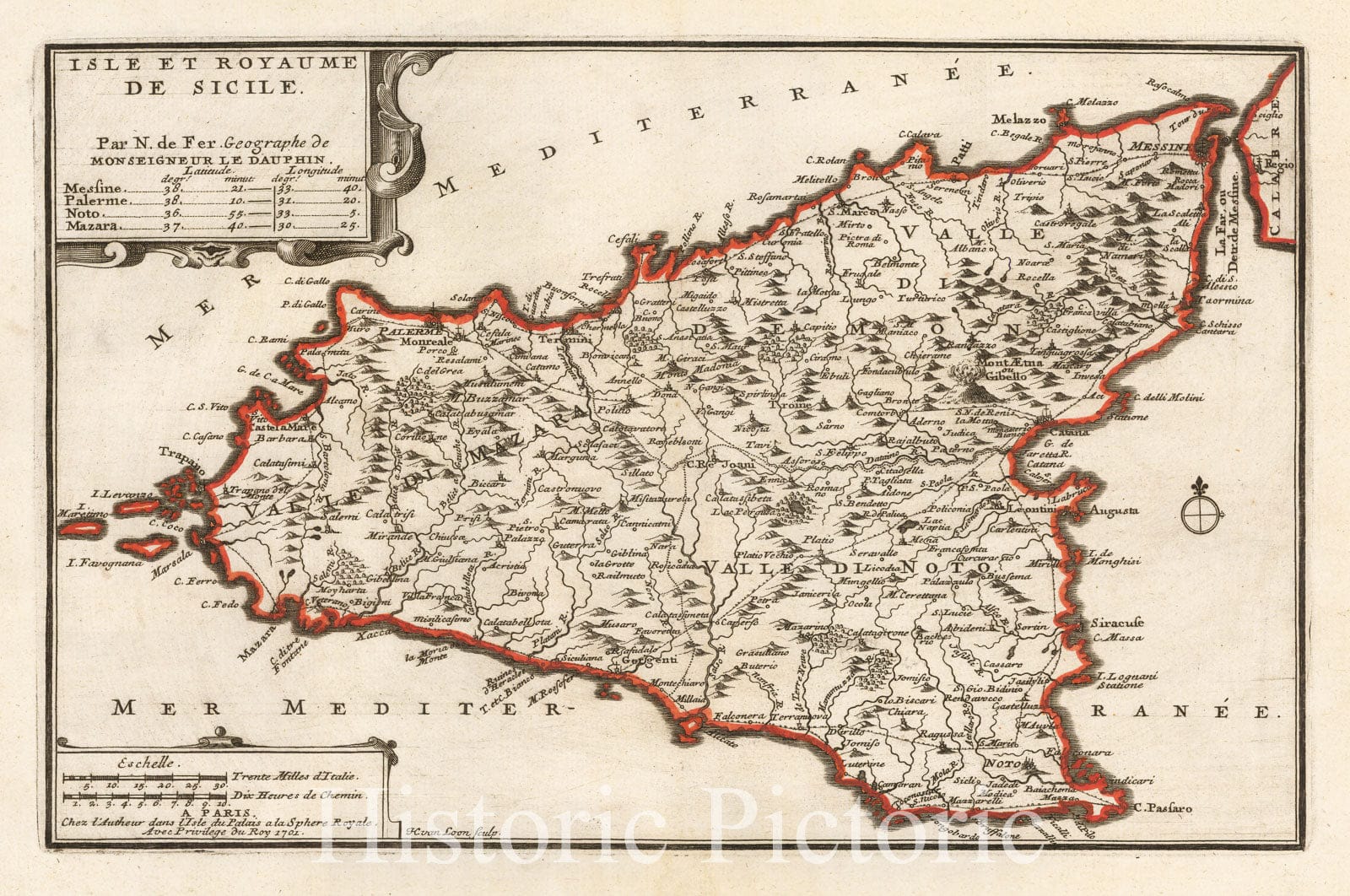 Historic Map - Isle et Royaume De Sicile/Map of Sicily, showing towns, roads, rivers, harbors and a host of other details, 1702, Nicolas de Fer - Vintage Wall Art