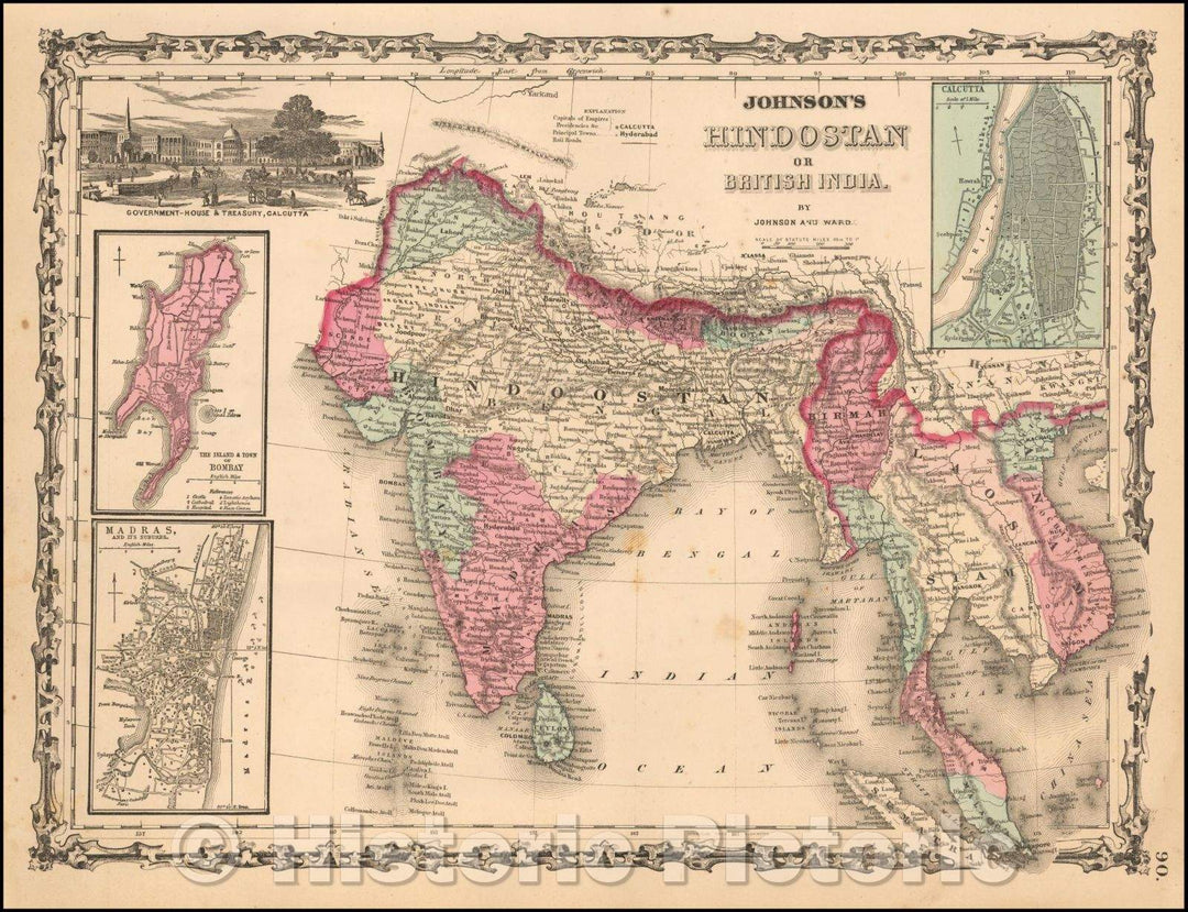 Historic Map - Johnson's Hindostan or British India, 1864, Benjamin P Ward - Vintage Wall Art