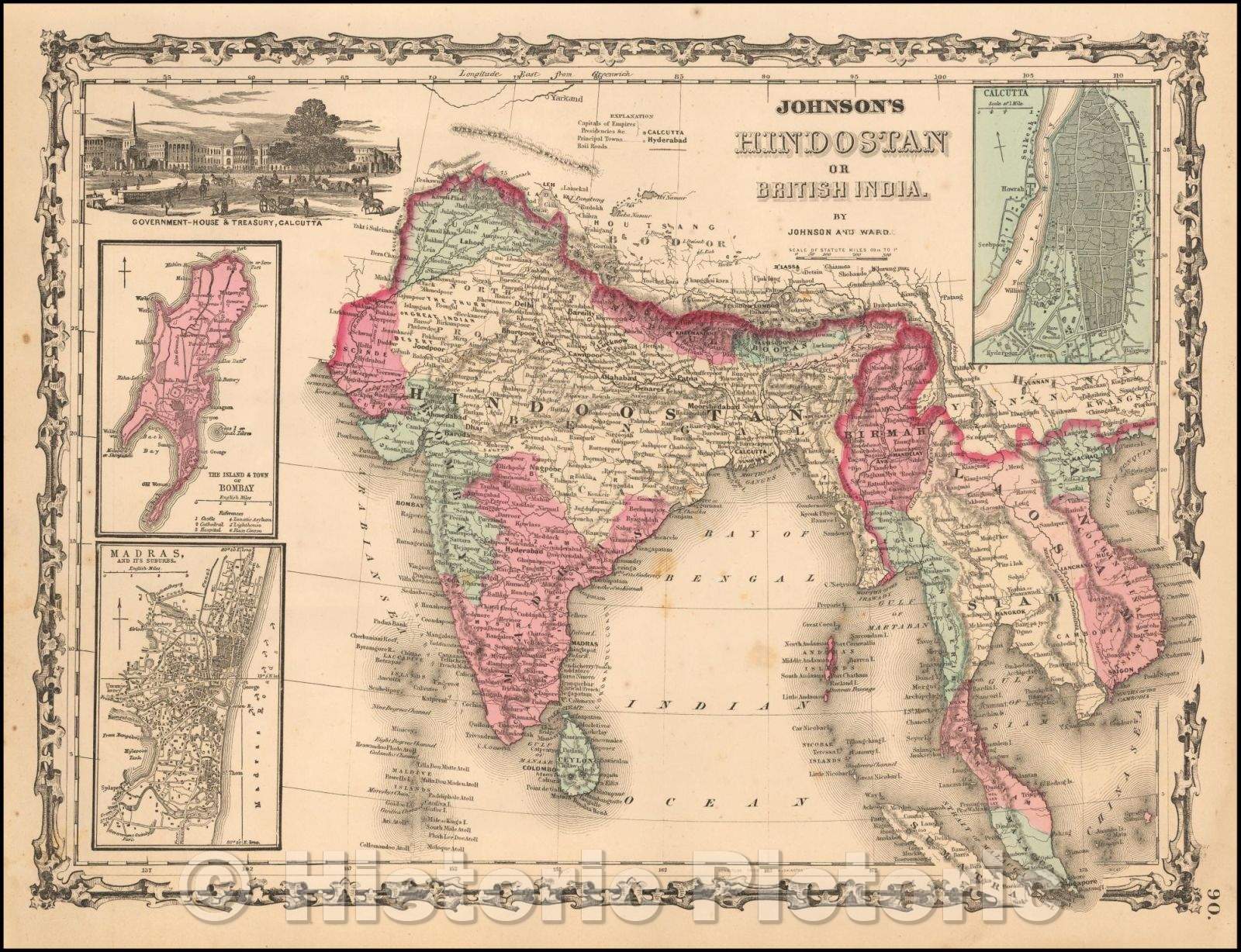 Historic Map - Johnson's Hindostan or British India, 1864, Benjamin P Ward - Vintage Wall Art