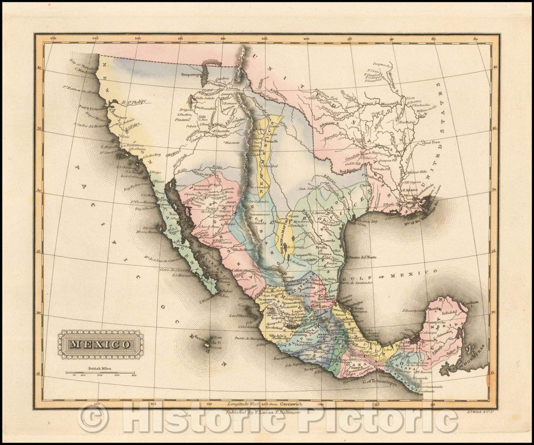 Historic Map - Mexico, 1823, Fielding Lucas Jr. - Vintage Wall Art