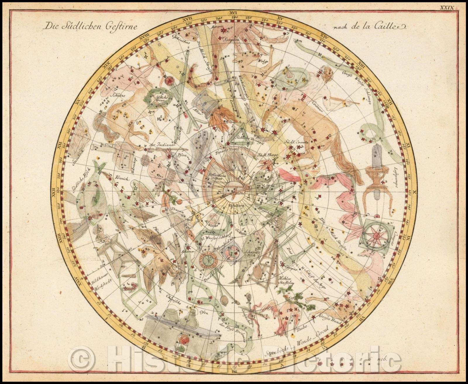 Historic Map - Die Sudlichen Gestirne nach de la Caillee/Chart of the southern Planisphere, showing the constellations in allegorical form, 1805 - Vintage Wall Art