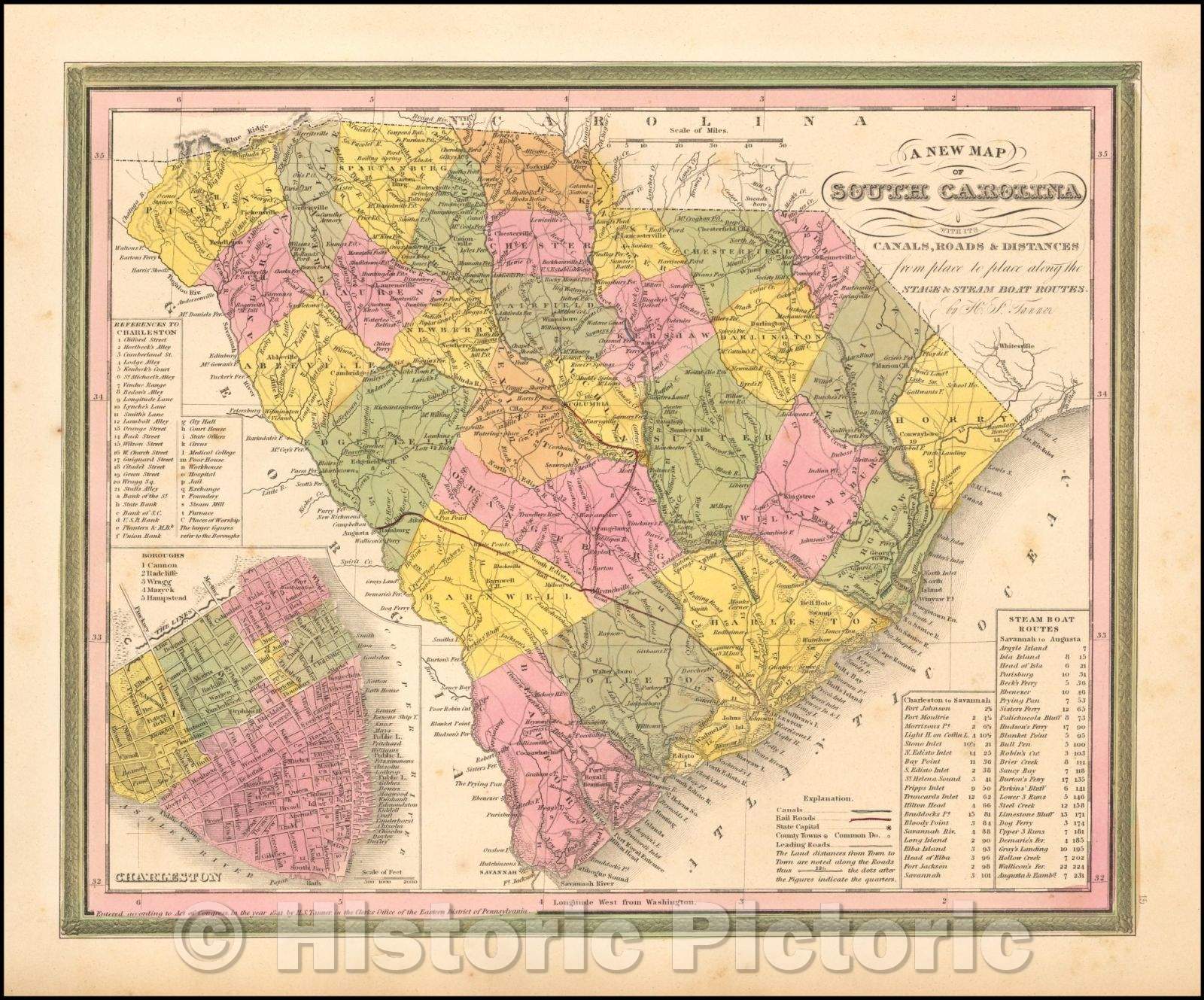 Historic Map - South Carolina with its Canals, Roads & Distances from Place to Place, along the Stage & Steam Boat Routes, 1846, Samuel Augustus Mitchell - Vintage Wall Art