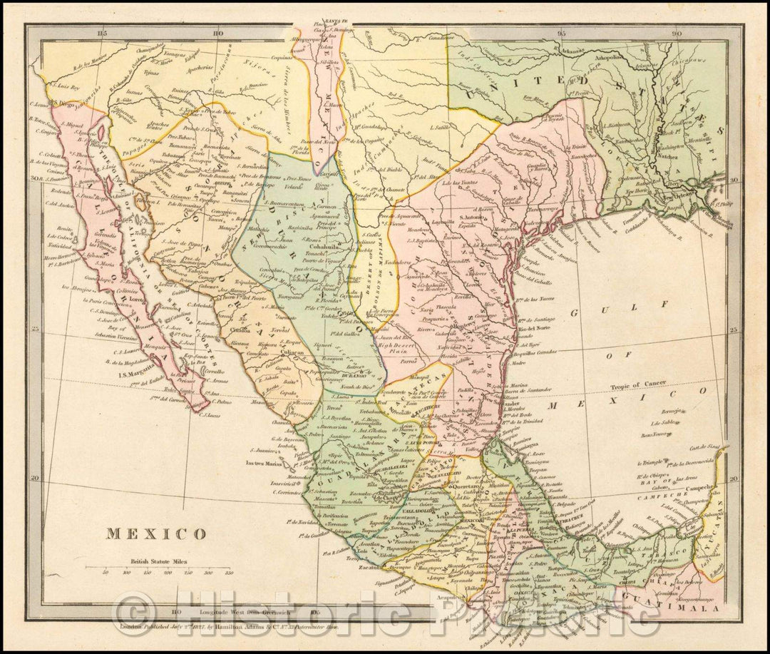 Historic Map - Mexico (Cohahuila and Texas Shown), 1827, Hamilton, Adams & Co. - Vintage Wall Art