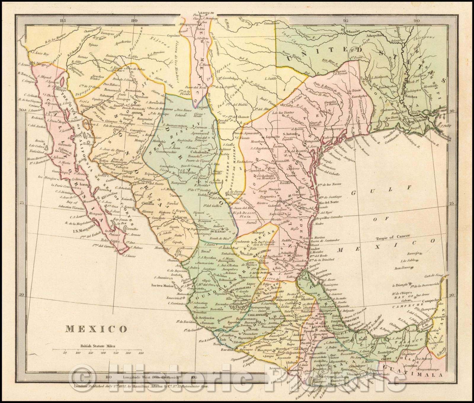 Historic Map - Mexico (Cohahuila and Texas Shown), 1827, Hamilton, Adams & Co. - Vintage Wall Art