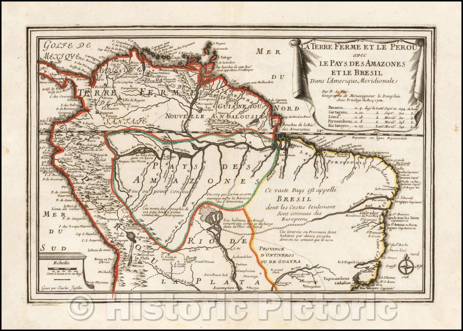 Historic Map - La Terre Ferme Et Le Perous avec Le Pays Des Amazones Et Le Bresil Dans L'Amerique Meridionale, 1702, Nicolas de Fer - Vintage Wall Art