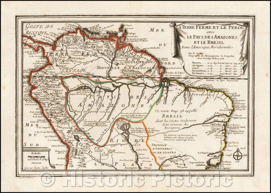 Historic Map - La Terre Ferme Et Le Perous avec Le Pays Des Amazones Et Le Bresil Dans L'Amerique Meridionale, 1702, Nicolas de Fer - Vintage Wall Art