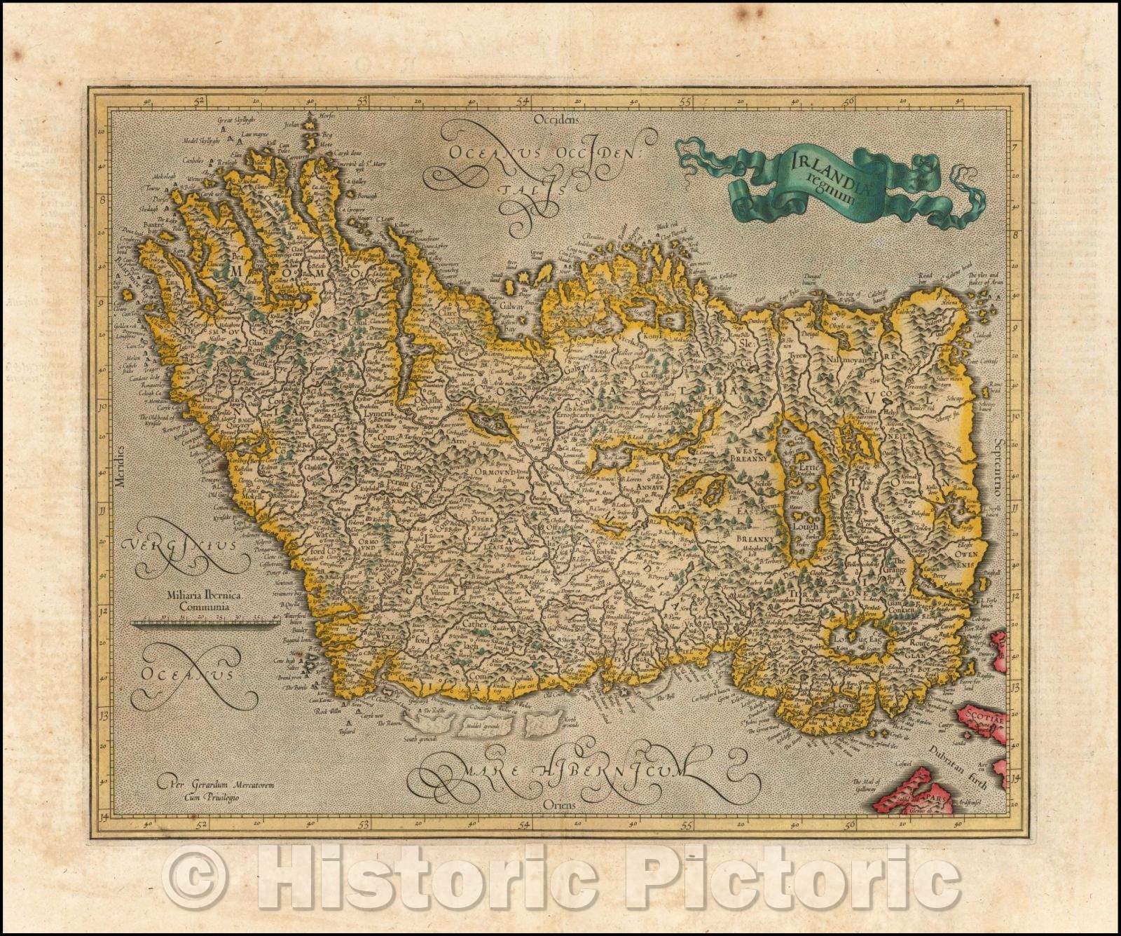 Historic Map - Irlandiae Regnum, 1595, Gerard Mercator - Vintage Wall Art