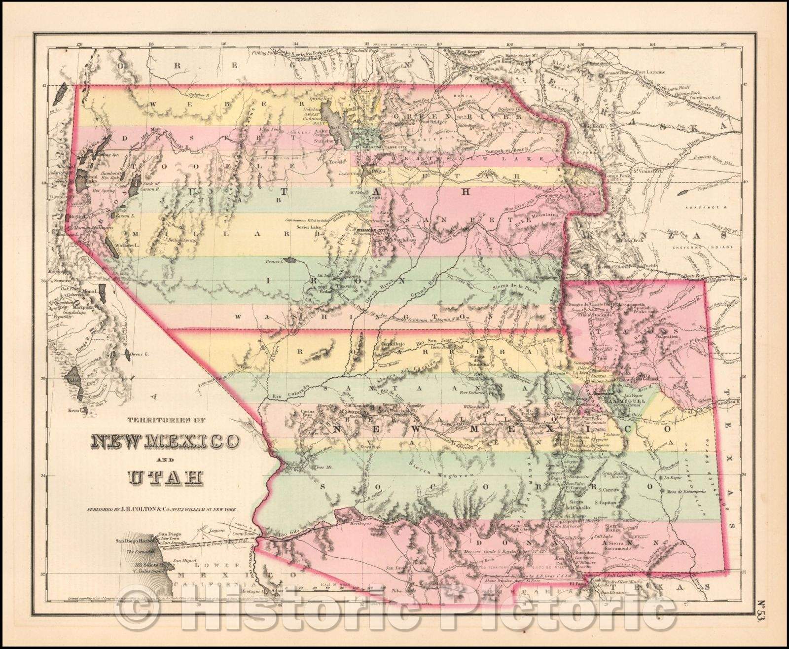 Historic Map - Territories of New Mexico and Utah, 1857, Joseph Hutchins Colton - Vintage Wall Art