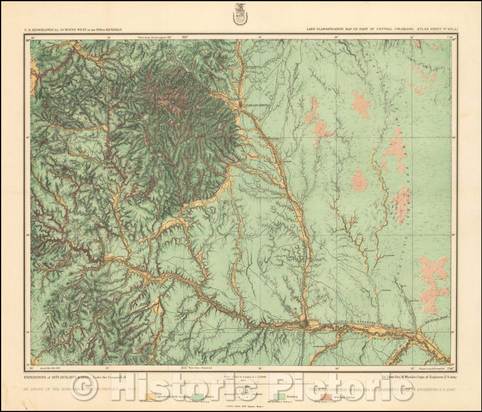 Historic Map - Land Classification Map of Central Colorado. Atlas Sheet No. 62(A), 1877, George M. Wheeler - Vintage Wall Art