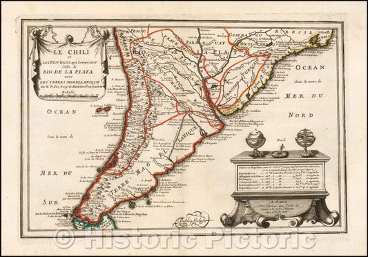 Historic Map - Le Chili et Les Provinces qui Composent Celle de Rio De La Plata/Map of the South America, Straits of Magellan, the Rio de La Plata, 1702 - Vintage Wall Art