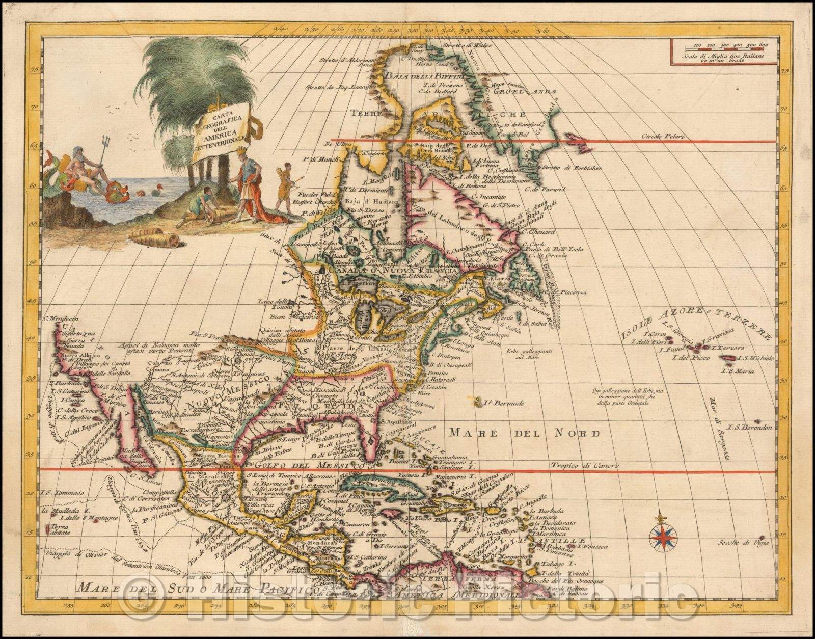Historic Map - Carta Geografica Dell America Settentrionale, 1740, Giambattista Albrizzi - Vintage Wall Art