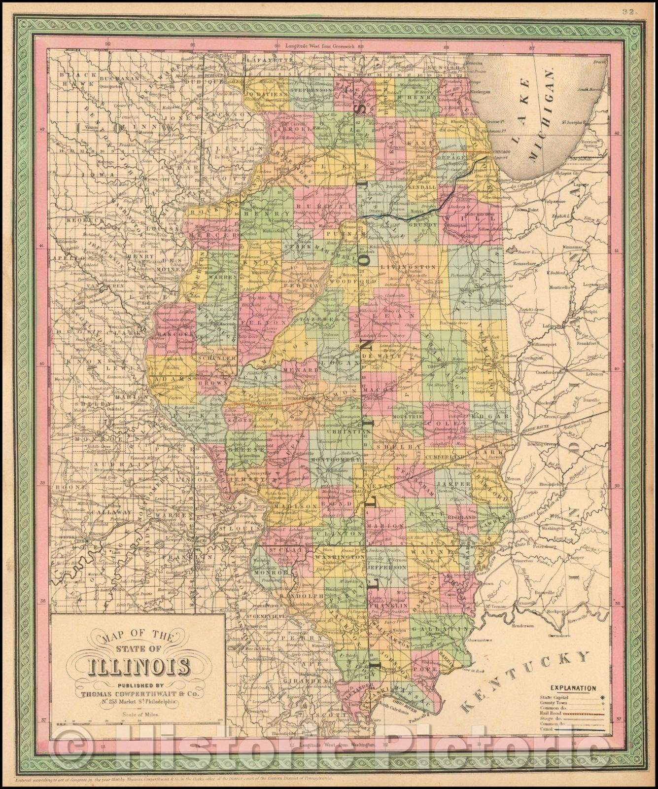 Historic Map - The State of Illiniois: 1852, Thomas, Cowperthwait & Co. - Vintage Wall Art