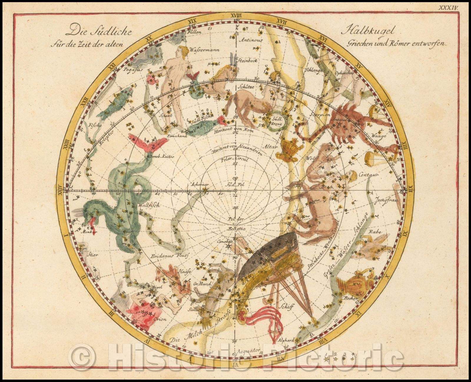 Historic Map - Die Sudliche Halbkugel sur die Zeit der Alten Griechen und/Star Chart of the Southern Sky, published by Johann Elert Bode (1747-1826), 1805 - Vintage Wall Art