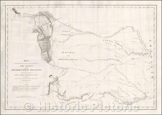Historic Map - Map Showing the Route pursued, 1845, United States Bureau of Topographical Engineers - Vintage Wall Art