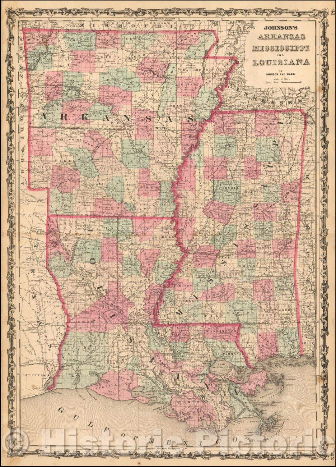 Historic Map - Johnson's Arkansas, Mississippi and Louisiana, 1862, Benjamin P Ward - Vintage Wall Art