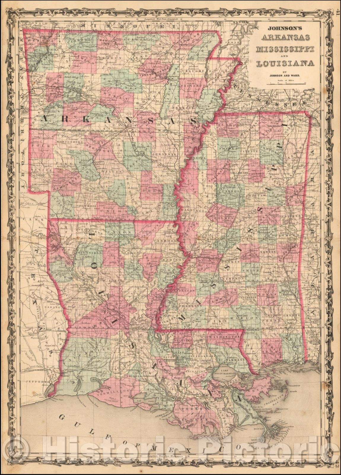 Historic Map - Johnson's Arkansas, Mississippi and Louisiana, 1862, Benjamin P Ward - Vintage Wall Art