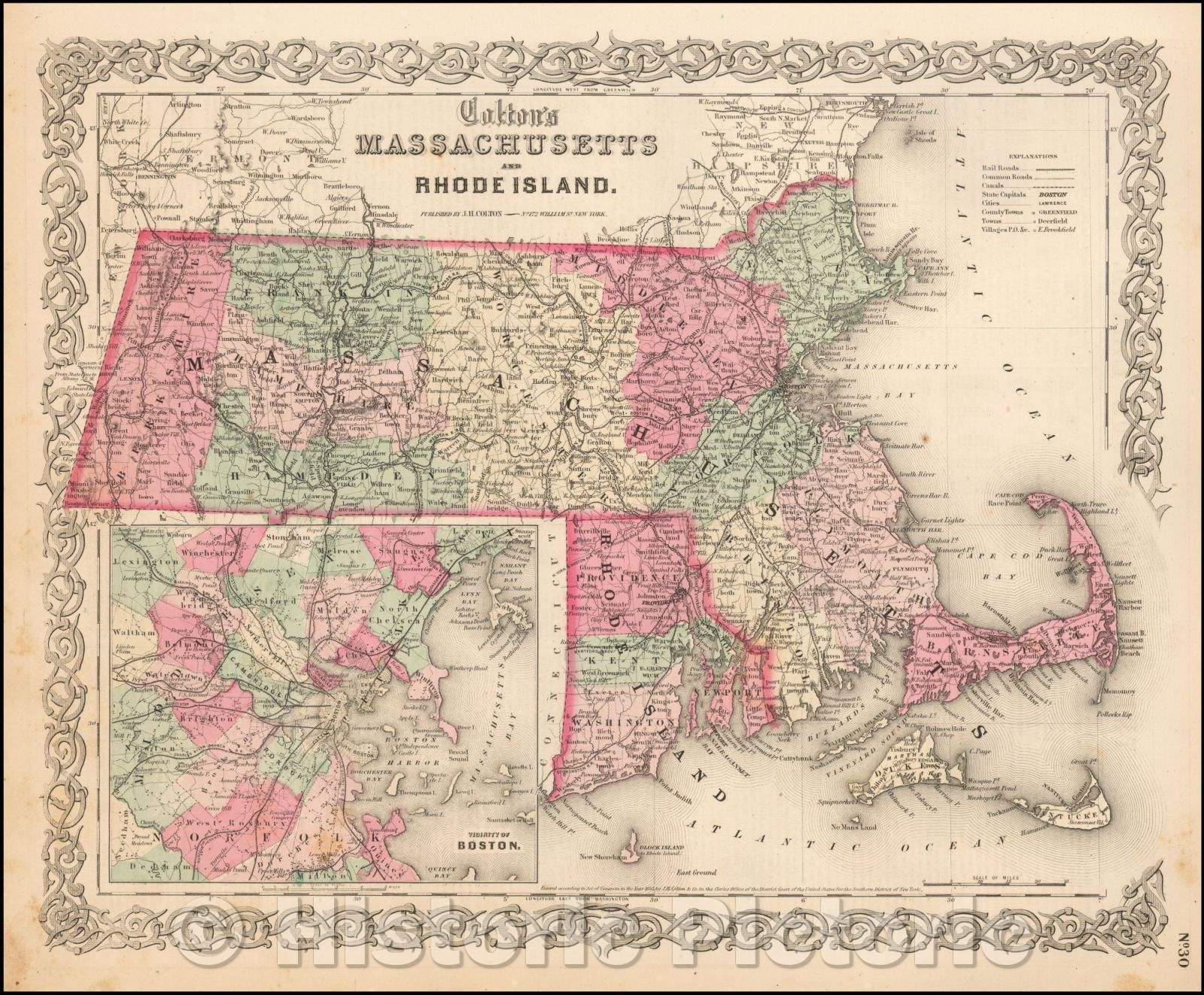Historic Map - Massachusetts and Rhode Island, 1865, Joseph Hutchins Colton - Vintage Wall Art
