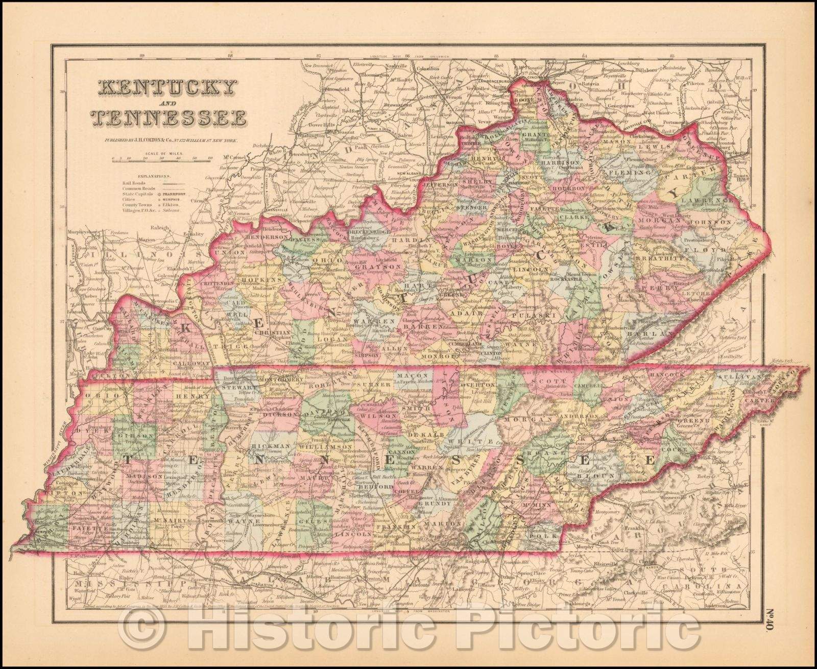 Historic Map - Kentucky and Tennessee, 1857, Joseph Hutchins Colton v3