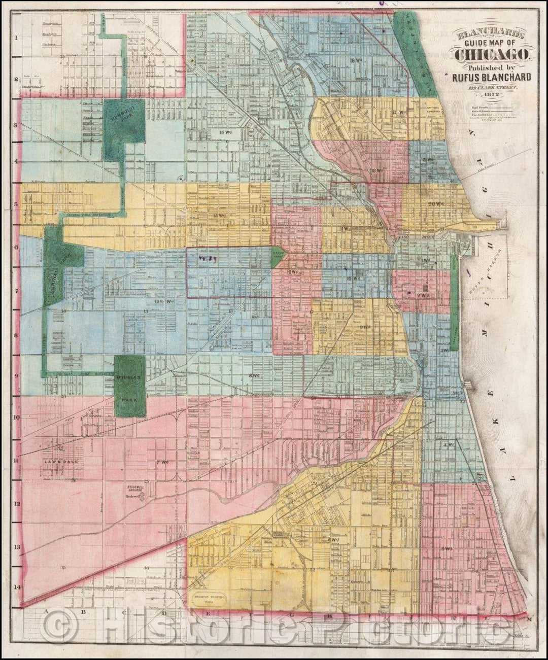 Historic Map - Blanchard's Guide Map of Chicago, 1872, Rufus Blanchard - Vintage Wall Art