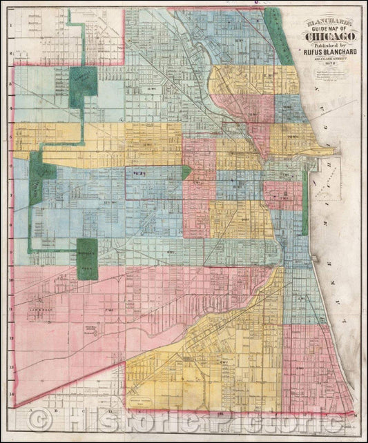 Historic Map - Blanchard's Guide Map of Chicago, 1872, Rufus Blanchard - Vintage Wall Art