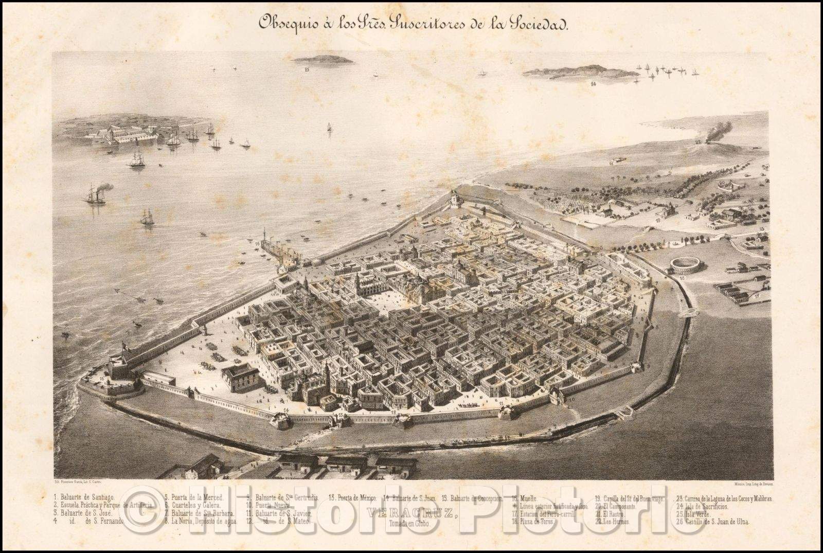 Historic Map - Veracruz, Tomada en Globo/Veracruz, taken in Globe, 1860, Decaen - Vintage Wall Art