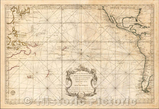 Historic Map - Carte Reduite Des Mers Comprises Entre L'Asie et L'Amerique Apelees par les Navigateurs Mer Du Sud ou Pacifique, 1756, Depot de la Marine v2