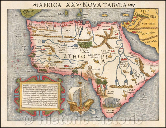 Historic Map - Africa XXV Nova Tabula/Map of Africa as a continent with curious river routes, 1545, Sebastian M?nster - Vintage Wall Art