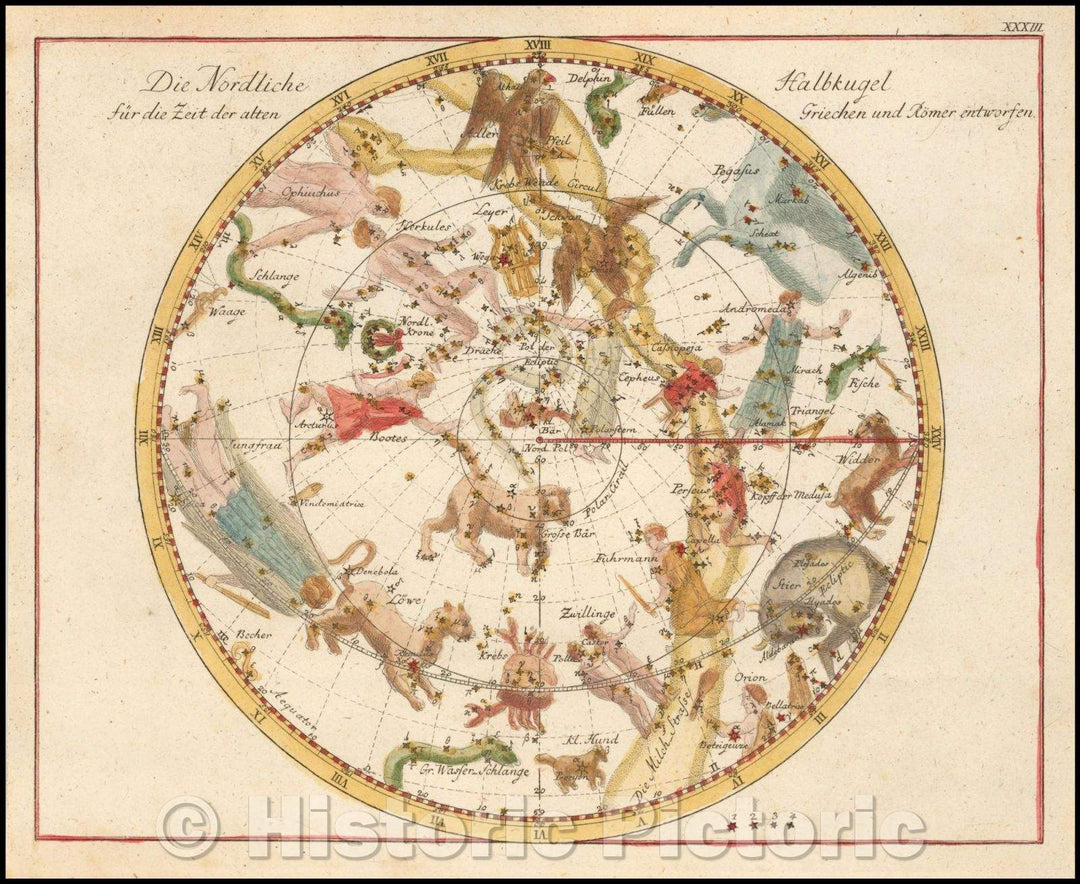 Historic Map - Die Nordliche Halbkugel fur die Zeit den alten Griechen/Star Chart of the Northern Hemisphere showing Greek and Roman constellations, 1805 - Vintage Wall Art