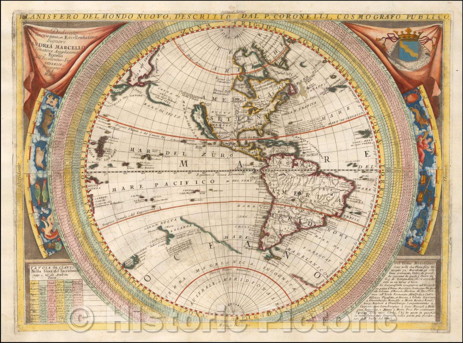 Historic Map - Planisfero Del Mondo Nuovo, Descritto Dal P. Coronelli, Cosmographo Publico, 1691, Vincenzo Maria Coronelli - Vintage Wall Art
