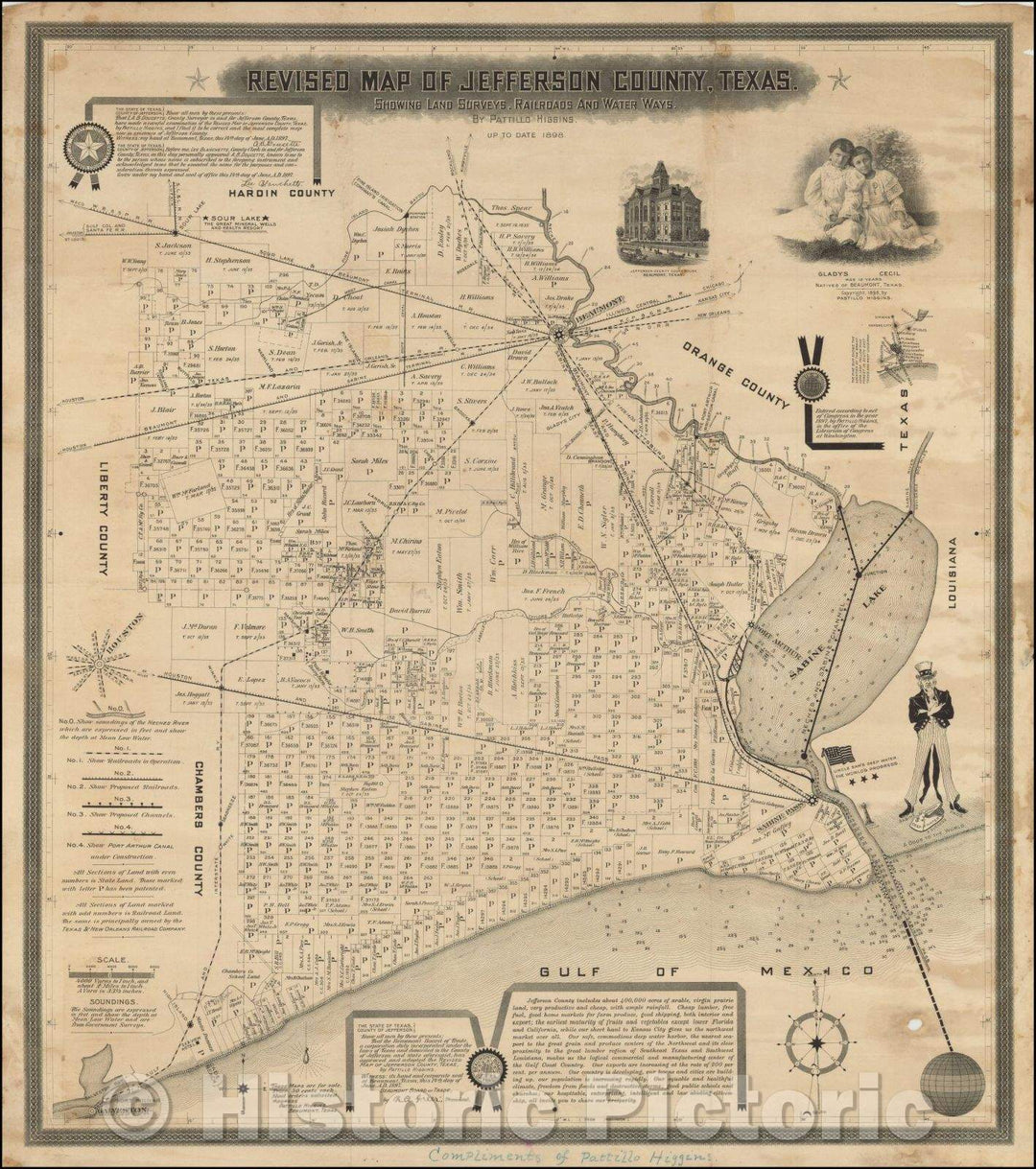 Historic Map - Revised Map of Jefferson County, Texas. Showing Land Surveys, Railroads, and Water Ways, 1898, Pattillo Higgins - Vintage Wall Art