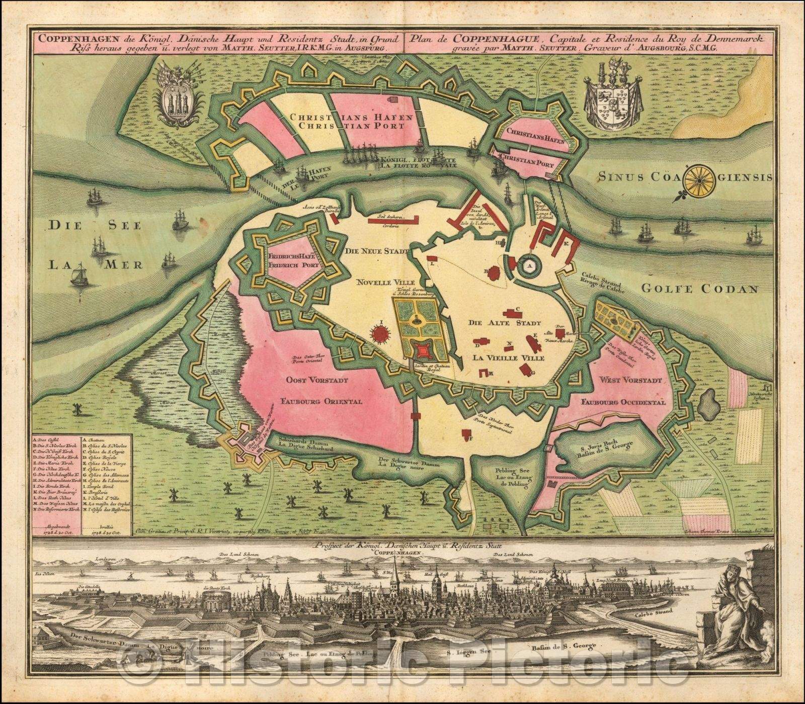 Historic Map - Coppenhagen die Konigl. Danische Haupt und Residentz Stadt in Grund Riss h, 1740 - Vintage Wall Art