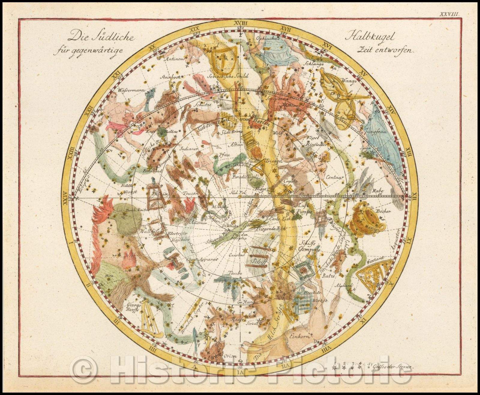 Historic Map - Die Sudliche Halbkugel fur gegenwartige Zeit entworfen/Star Chart of the Southern Sky, published by Johann Elert Bode (1747-1826), 1805 - Vintage Wall Art