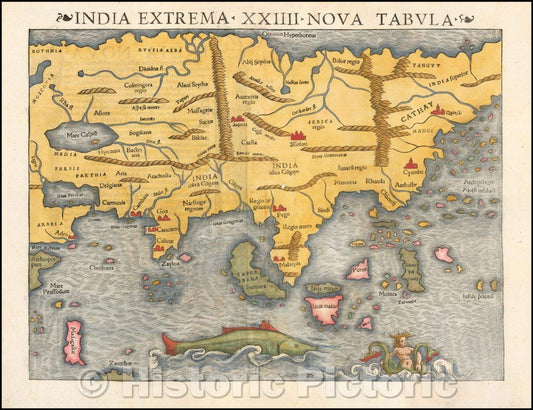 Historic Map - India Extrema XXIIII Nova Tabula 1st Printed Map of Asia, 1545, Sebastian M?nster - Vintage Wall Art