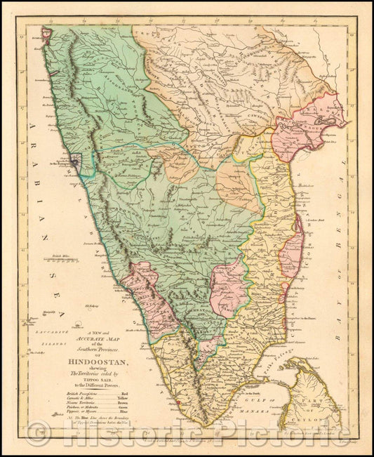 Historic Map - A New and Accurate Map of the Southern Provinces of Hindoostan, shewing The Territories ceded, 1794, Robert Wilkinson - Vintage Wall Art