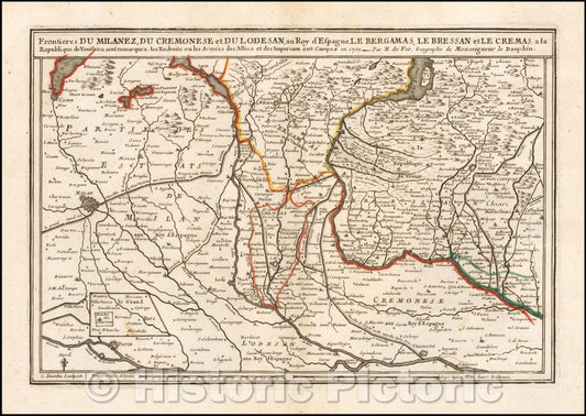 Historic Map - Frontieres Du Milanez, Du Cremonese et Du Lodesan, au Roy D'Espagne, Le Bergamas, Le Bressan et Le Cremas, a la Republique de Venise, 1705 v2
