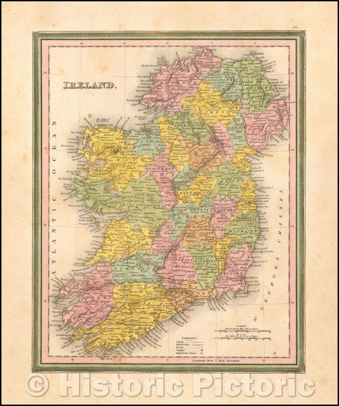 Historic Map - Ireland, 1846, Samuel Augustus Mitchell - Vintage Wall Art